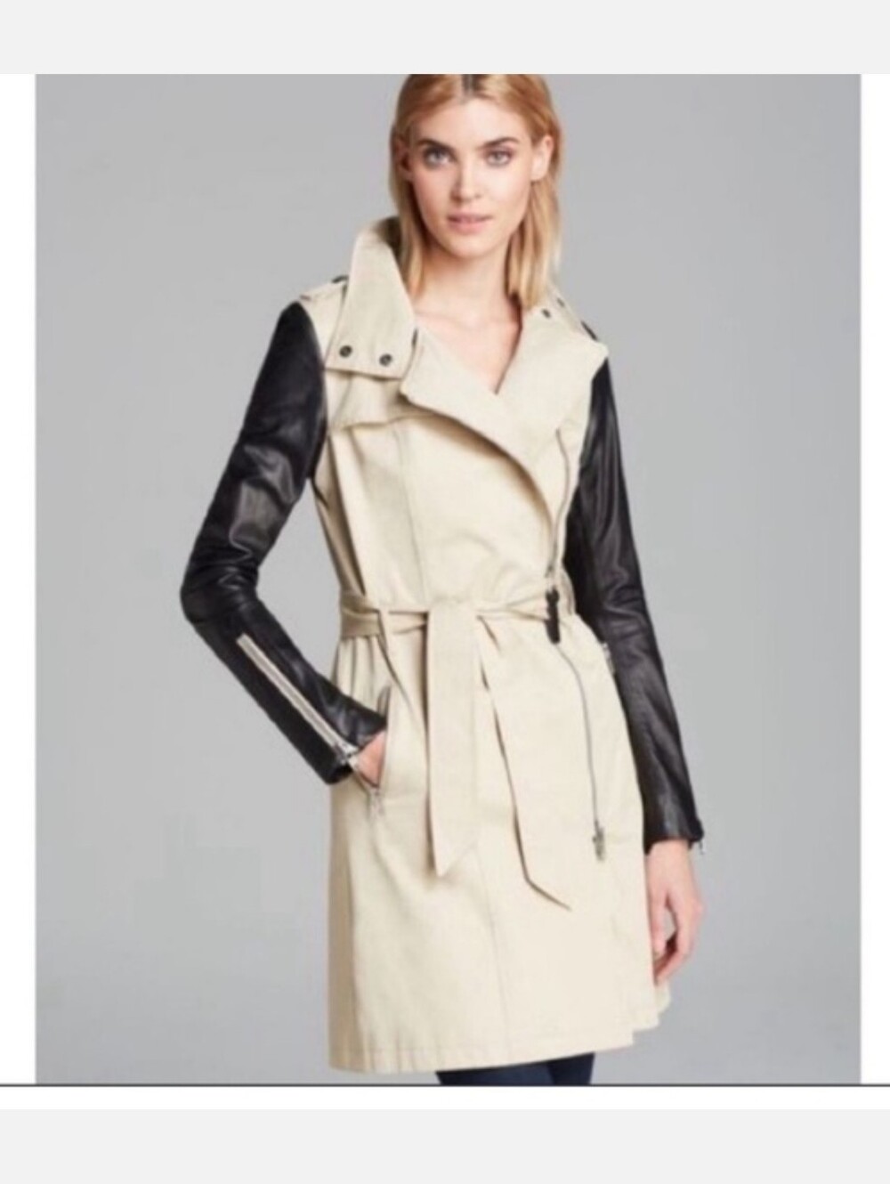 Mackage Avra Beige Trench Coat with Black Lamb Leather Sleeves - Women's Jacket